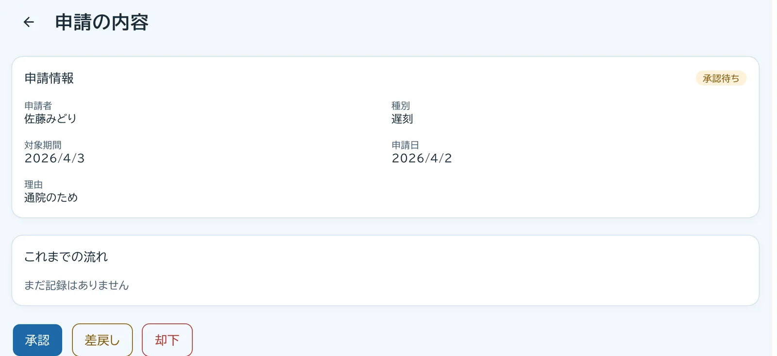 申請者・種別・理由が表示され、承認・差戻し・却下のボタンが並ぶ申請の内容の画面