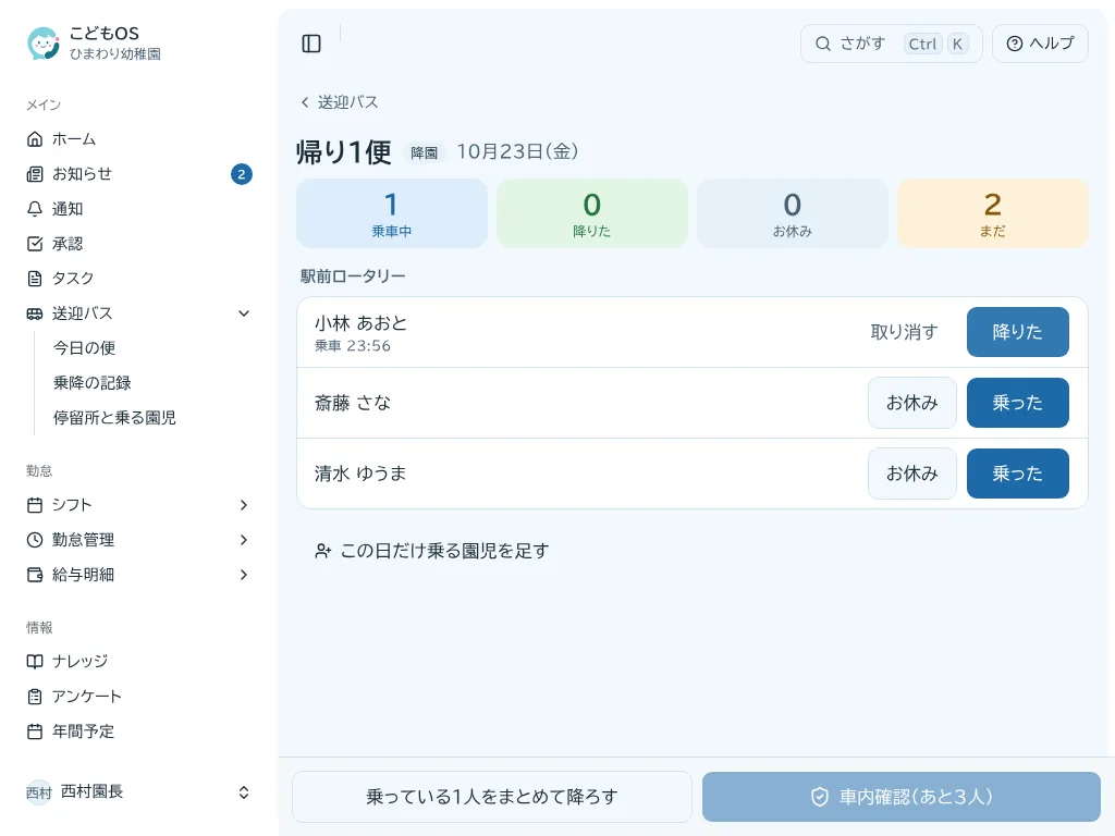 タブレットで開いた帰りの便。乗車中・降りた・お休み・まだの人数と、園児ごとの「降りた」ボタンが並ぶ