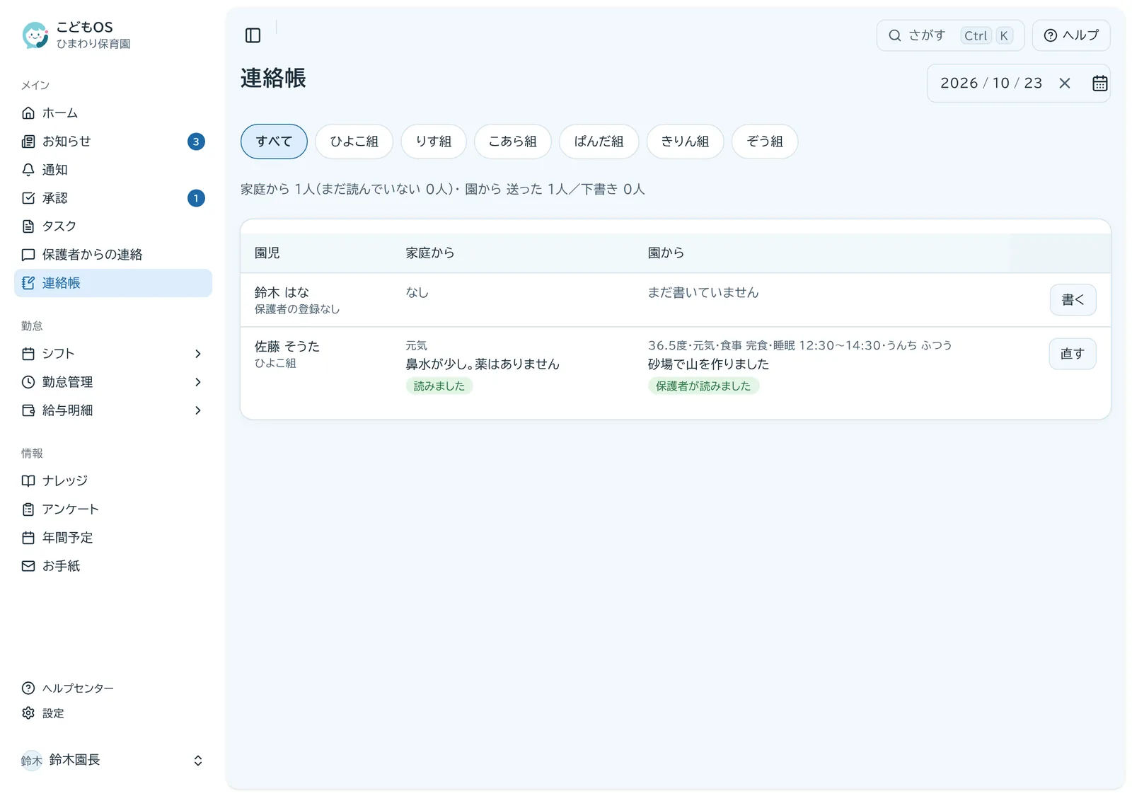 連絡帳の画面。園児ごとに家庭からの連絡と園からの連絡が並び、保護者が読んだかどうかがわかる