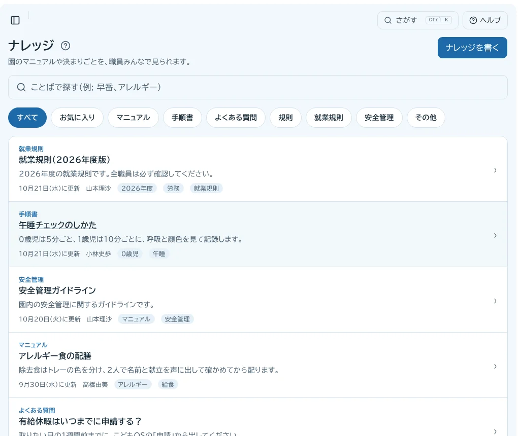 ナレッジの一覧。ことばで探す欄と、マニュアル・手順書・就業規則などの種類の切り替えが並ぶ