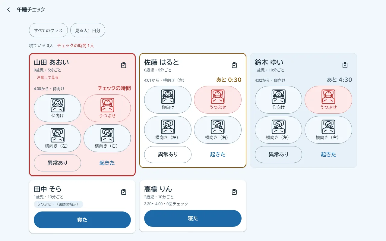 タブレットの午睡チェックの画面。寝ている園児ごとのカードに、仰向け・うつぶせ・横向きのボタンと次のチェックまでの時間が並ぶ
