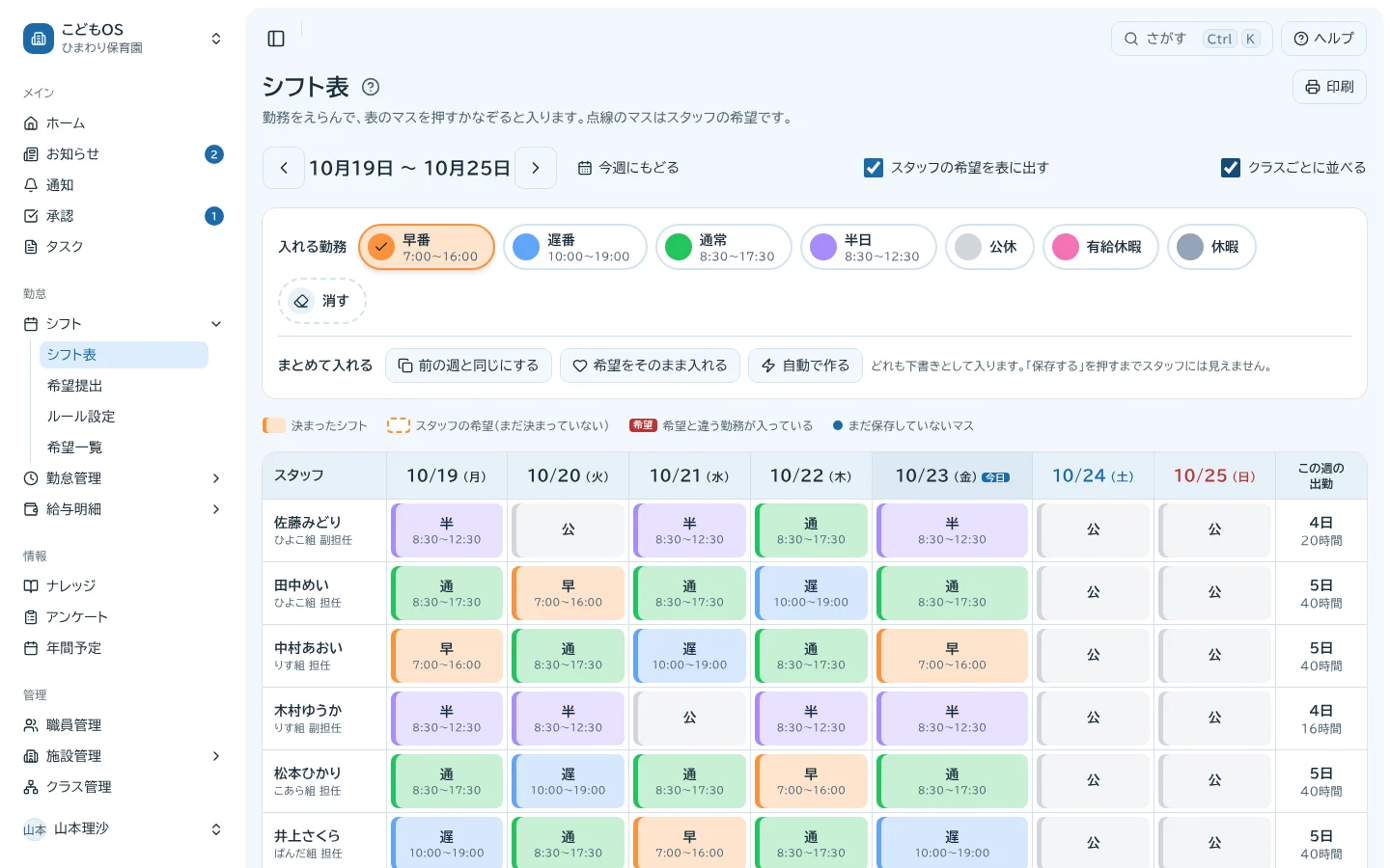 シフト表の画面。入れる勤務をえらんで表のマスをなぞると入り、職員ごとの1週間が勤務の色で並ぶ